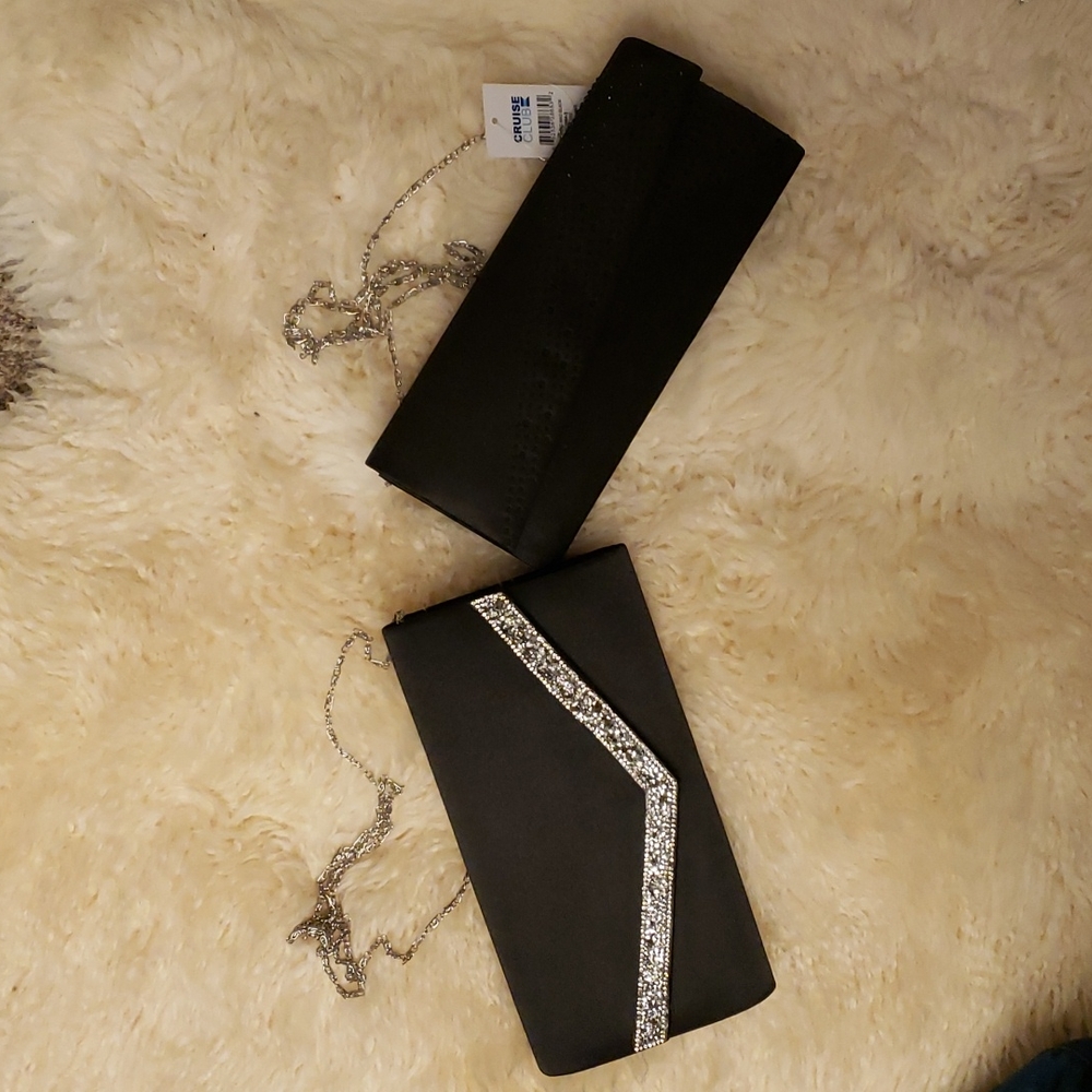 Two black satin clutch purses